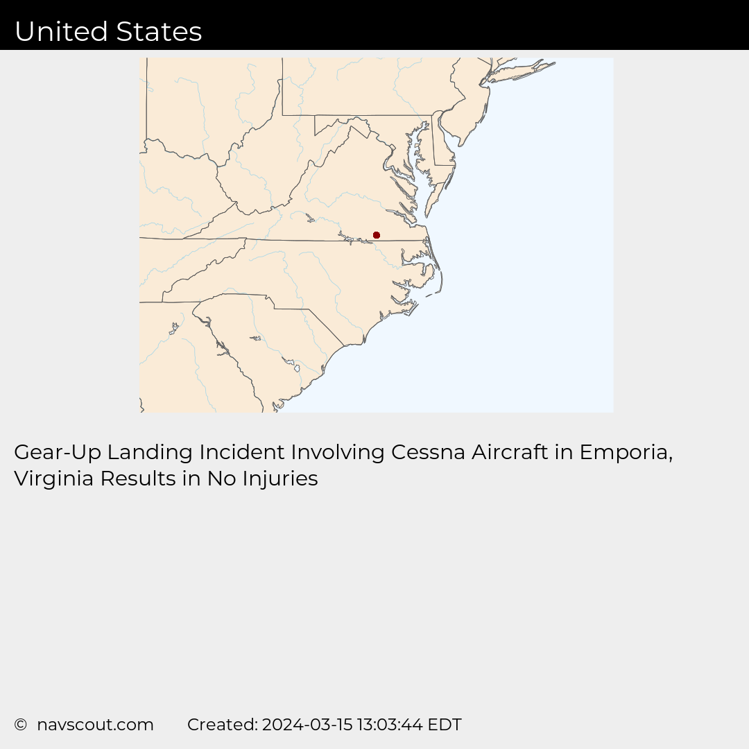 GearUp Landing Incident Involving Cessna Aircraft in Emporia, Virginia